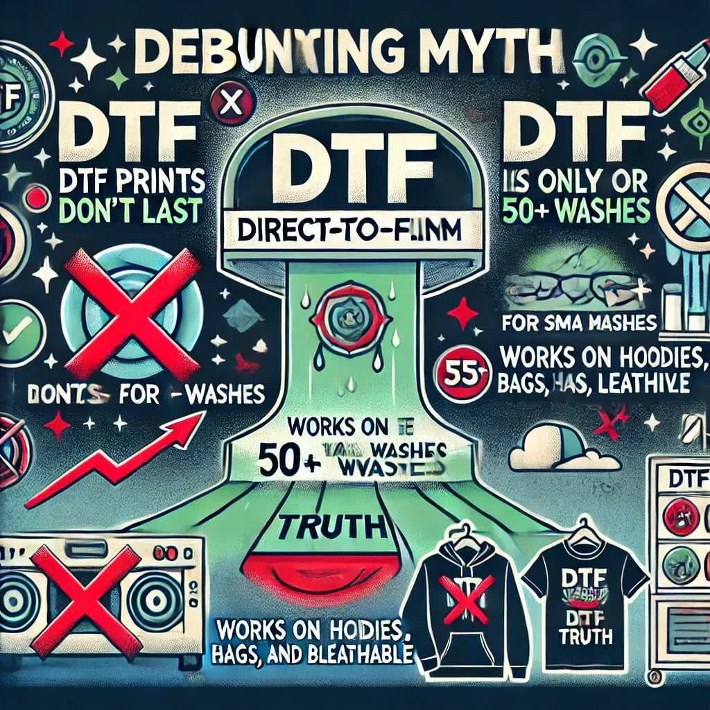 A creative digital illustration debunking myths about DTF (Direct-to-Film) printing. The image is divided into five sections