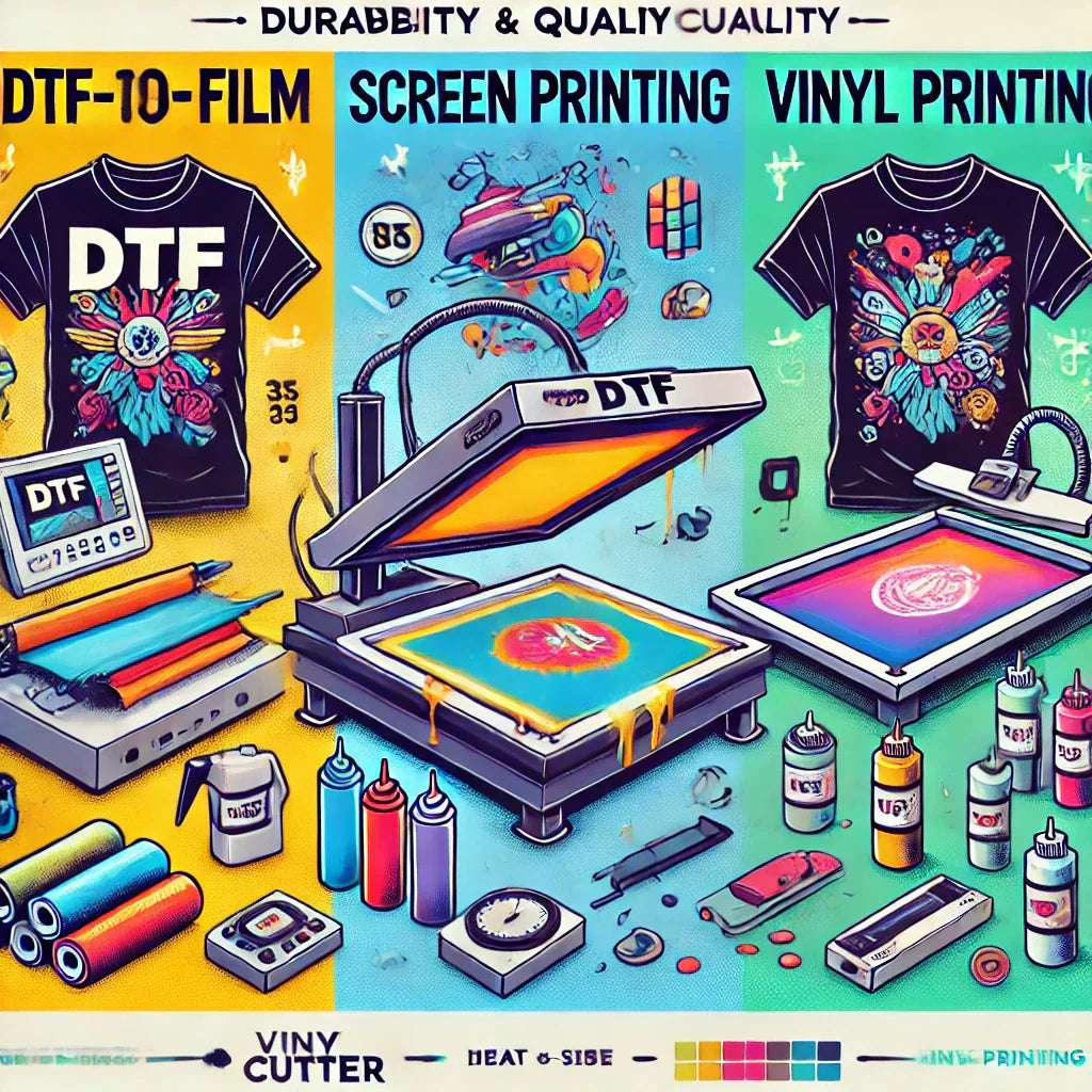 A visually engaging digital illustration comparing three T-shirt printing methods_ DTF (Direct-to-Film), Screen Printing, and Vinyl Printing.