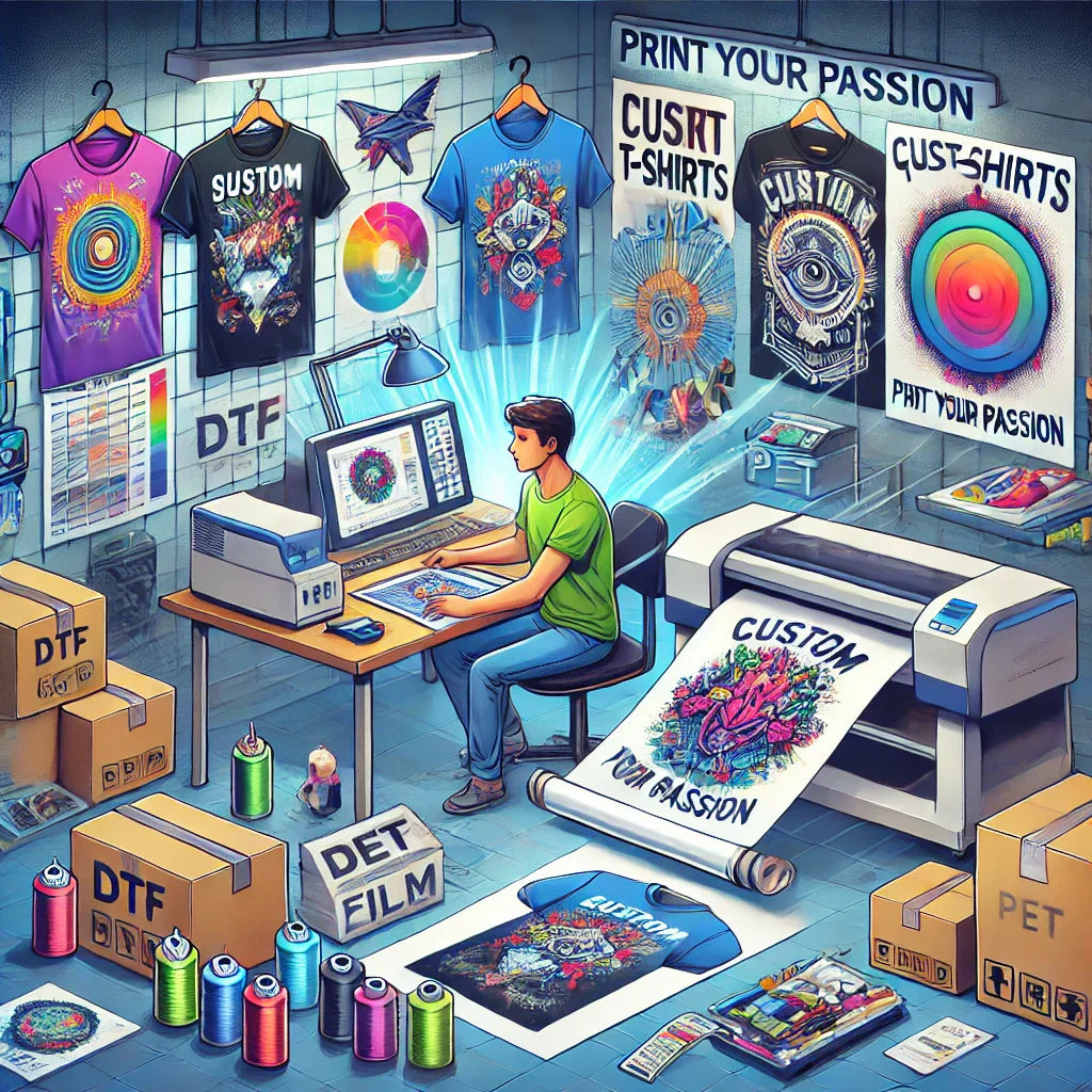 A dynamic digital illustration representing the process of starting a T-shirt printing business using DTF (Direct-to-Film) transfers.