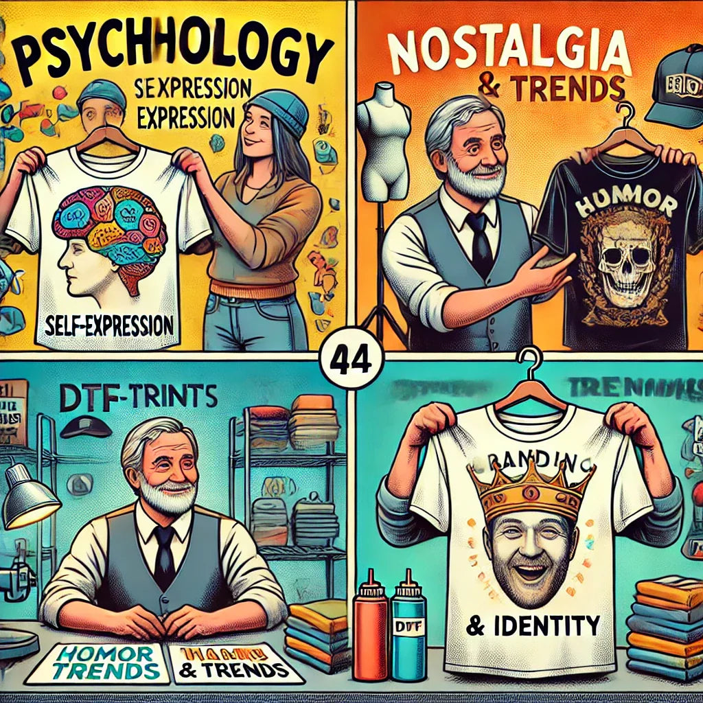 A creative digital illustration showcasing the psychology behind custom T-shirts and personalized apparel. The image is divided into four sections
