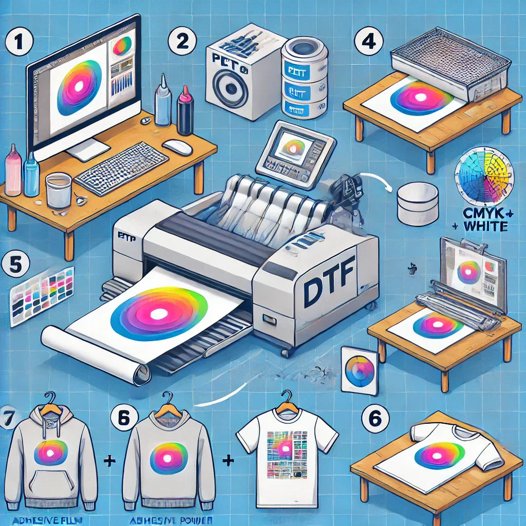 A visually engaging digital illustration showcasing the step-by-step process of Direct-to-Film (DTF) printing.